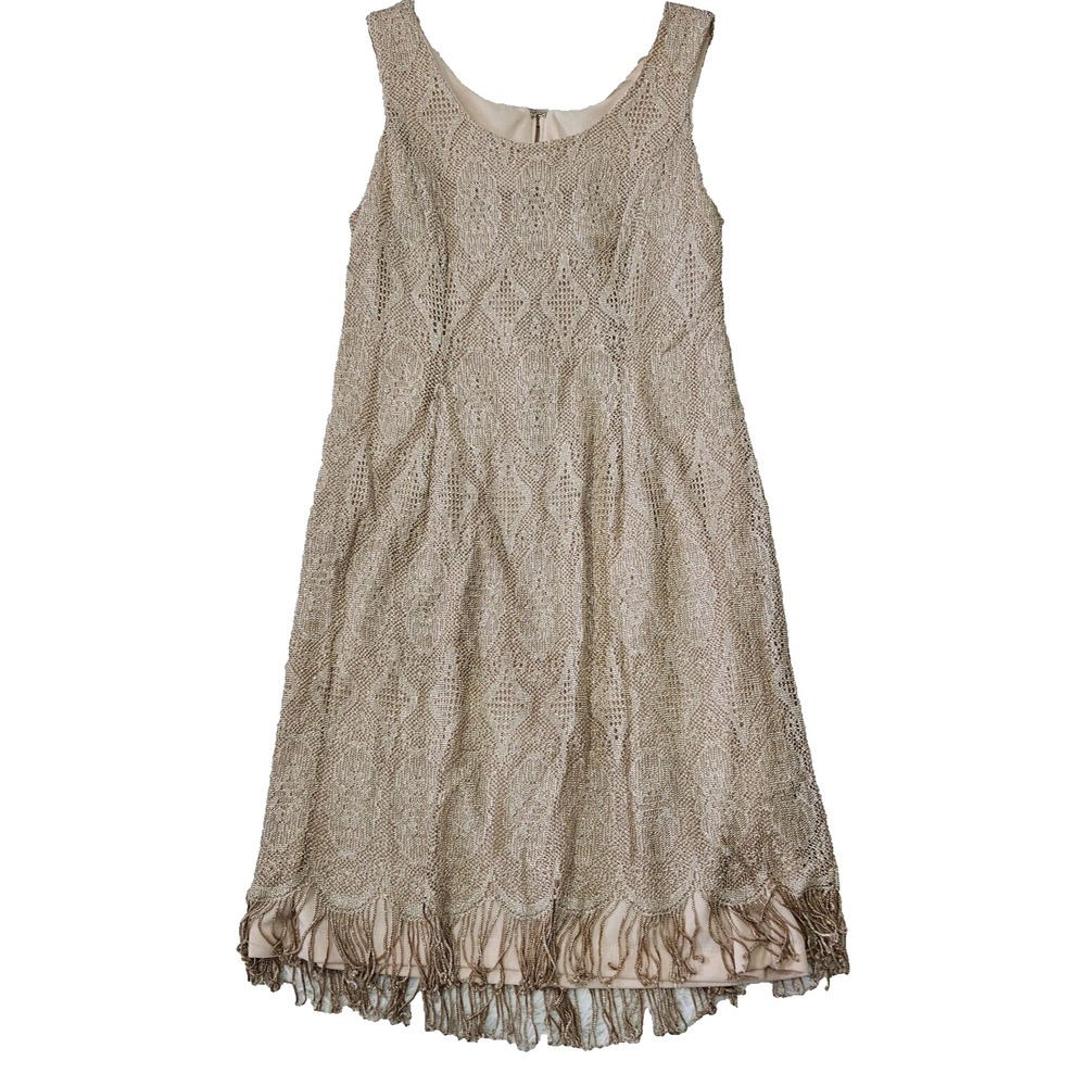 Onyx Nite VTG Gold Metallic‎ Boho Tassel Hem Sleeveless Flapper Midi Dress Sz 14
